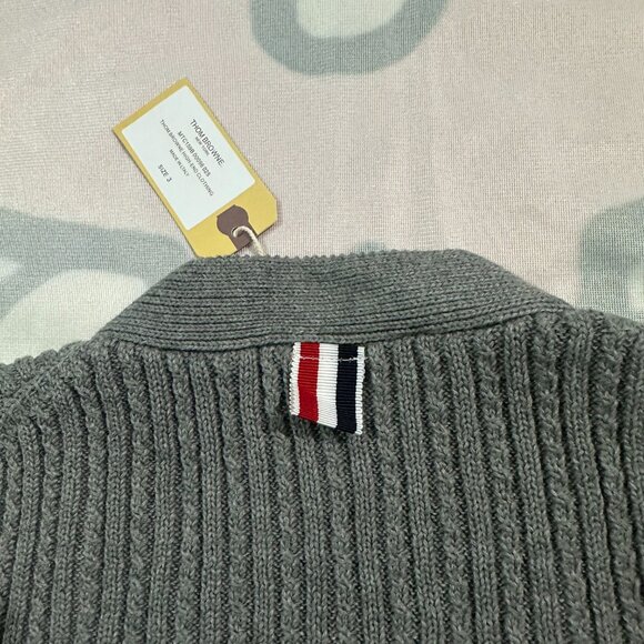 Thom Browne Women's Black Four-Striped Cardigan V-Neck Knitted Grey Jacket - Picture 6 of 6